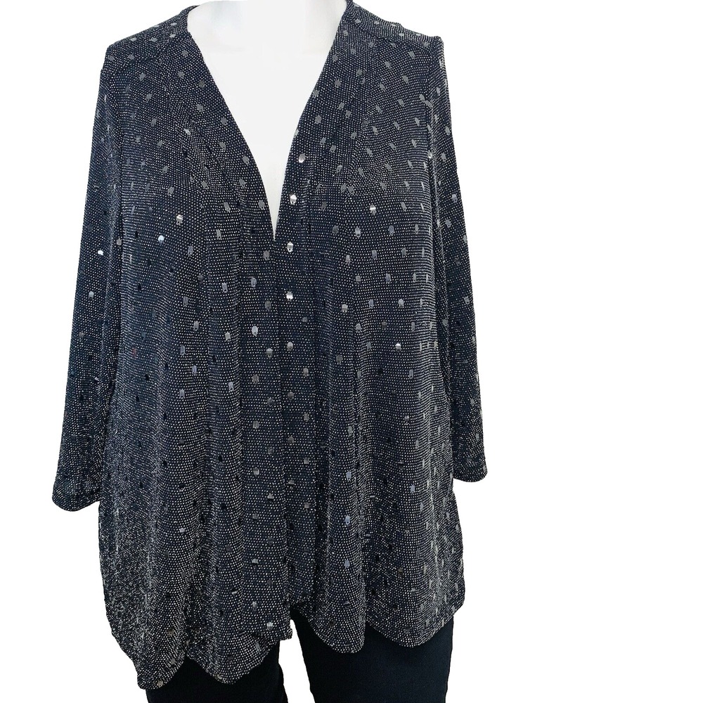 Avenue  Sequin Metallic Open Front Cardigan Women 22/24 Silver Black Sparkly